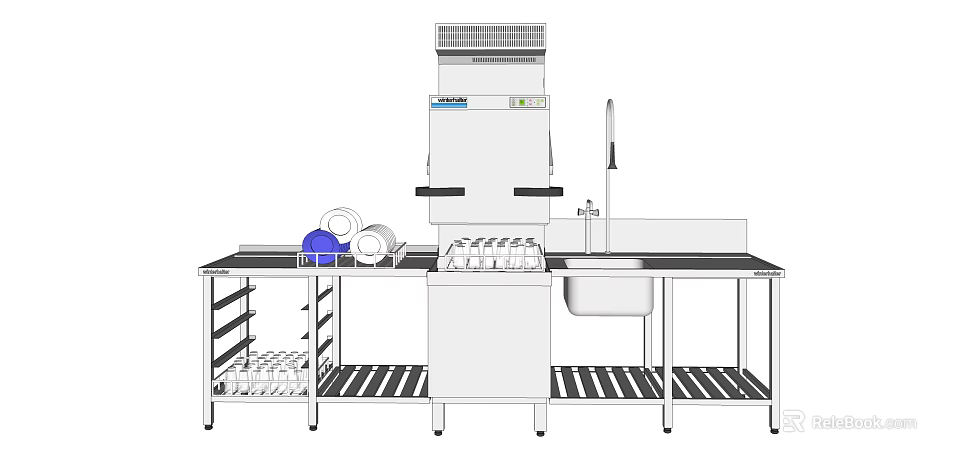 Commercial Kitchen Appliances Setup With Dishwasher Sink Dish Rack And Dishes 3d model 
