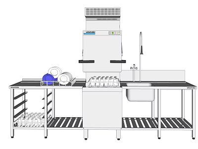 Commercial Kitchen Appliances Setup With Dishwasher Sink Dish Rack And Dishes 3d model