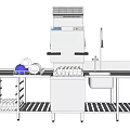 Commercial Kitchen Appliances Setup With Dishwasher Sink Dish Rack And Dishes