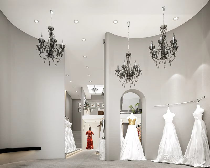 Elegant Bridal Shop Interior With Crystal Chandeliers And Hanging Wedding Dresses 3d model 