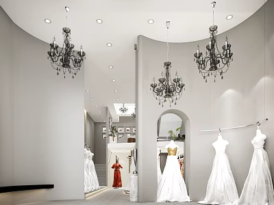 Elegant Bridal Shop Interior With Crystal Chandeliers And Hanging Wedding Dresses 3d model