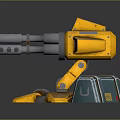 Futuristic Yellow Multi Barrel Turret Weapon With Mechanical Base And Blue Crates