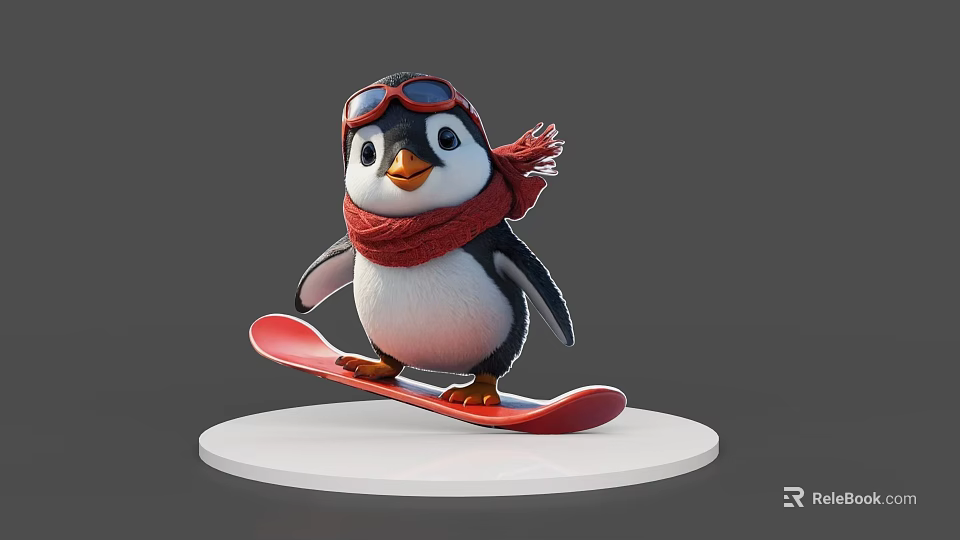 Cute 3D Penguin Game Character Wearing Red Scarf And Goggles On Red Skateboard 3d model 