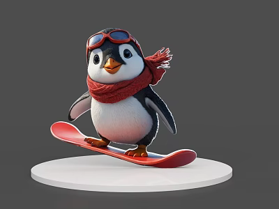 Cute 3D Penguin Game Character Wearing Red Scarf And Goggles On Red Skateboard 3d model
