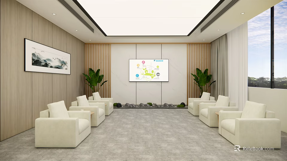 Modern Conference Room With White Sofas Large Screen Charts Green Plants And Landscape Painting 3d model 