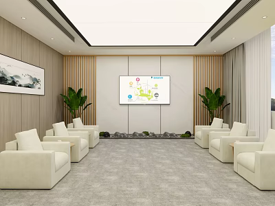 Modern Conference Room With White Sofas Large Screen Charts Green Plants And Landscape Painting 3d model