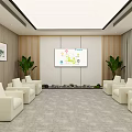 Modern Conference Room With White Sofas Large Screen Charts Green Plants And Landscape Painting