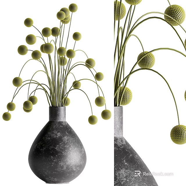 Minimalist Dark Textured Vase With Green Spherical Flowers And Slender Stems 3d model 