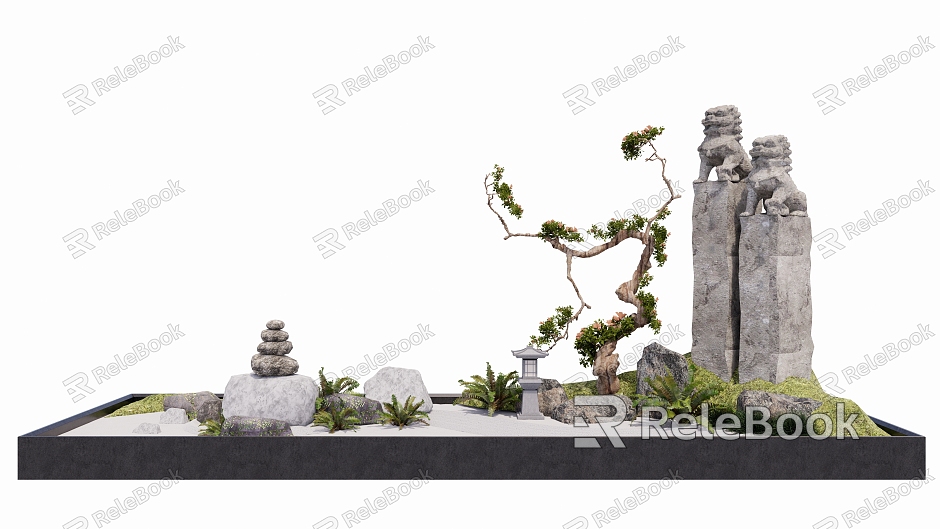 Chinese style courtyard landscape sketch interior landscaping sketch green planting rockery stone modeling tree model