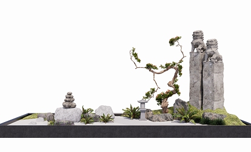 Chinese style courtyard landscape sketch interior landscaping sketch green planting rockery stone modeling tree 3d model