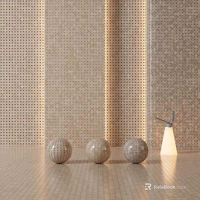 Beige Perforated Tile Background Wall With Vertical Lights Three Woven Rattan Balls And White Lamp 3d model 