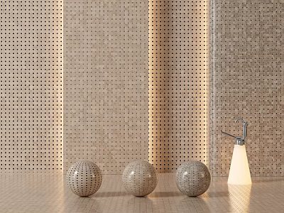 Beige Perforated Tile Background Wall With Vertical Lights Three Woven Rattan Balls And White Lamp 3d model