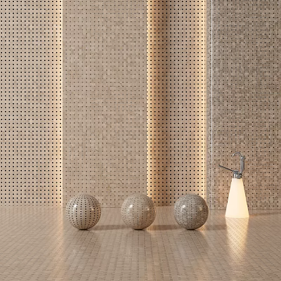 Beige Perforated Tile Background Wall With Vertical Lights Three Woven Rattan Balls And White Lamp 3d model