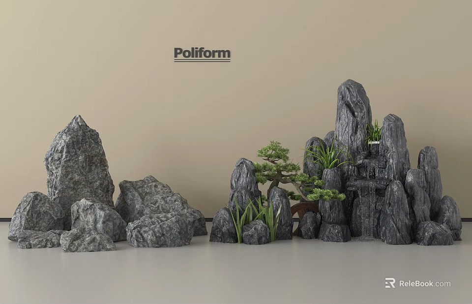 Decorative Rockery Stones Landscape Design With Bonsai Pine And Green Plants 3d model 