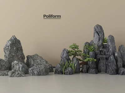 Decorative Rockery Stones Landscape Design With Bonsai Pine And Green Plants 3d model