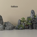 Decorative Rockery Stones Landscape Design With Bonsai Pine And Green Plants