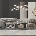 Elegant Modern Sofa And Coffee Table Set With Metallic Sculpture Throw Pillows And Chandelier