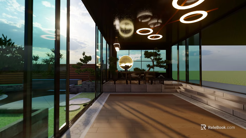 Modern Courtyard Garden With Glass Structure Circular Lighting Lush Plants And Stone Flooring 3d model 