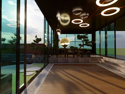 Modern Courtyard Garden With Glass Structure Circular Lighting Lush Plants And Stone Flooring 3d model