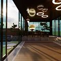 Modern Courtyard Garden With Glass Structure Circular Lighting Lush Plants And Stone Flooring