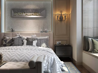 Elegant Bedroom Background With Double Bed Decorative Painting Wall Sconces And Geometric Pillows 3d model