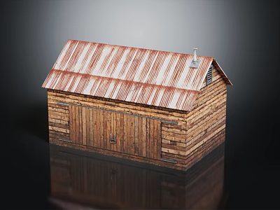 Rustic Wooden Barn Structure With Rusty Corrugated Metal Roof And Wooden Door 3d model