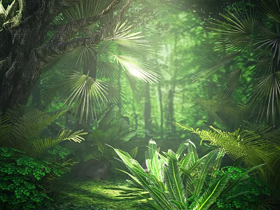Lush Tropical Forest Landscape With Sunlight Filtering Through Dense Green Foliage 3d model