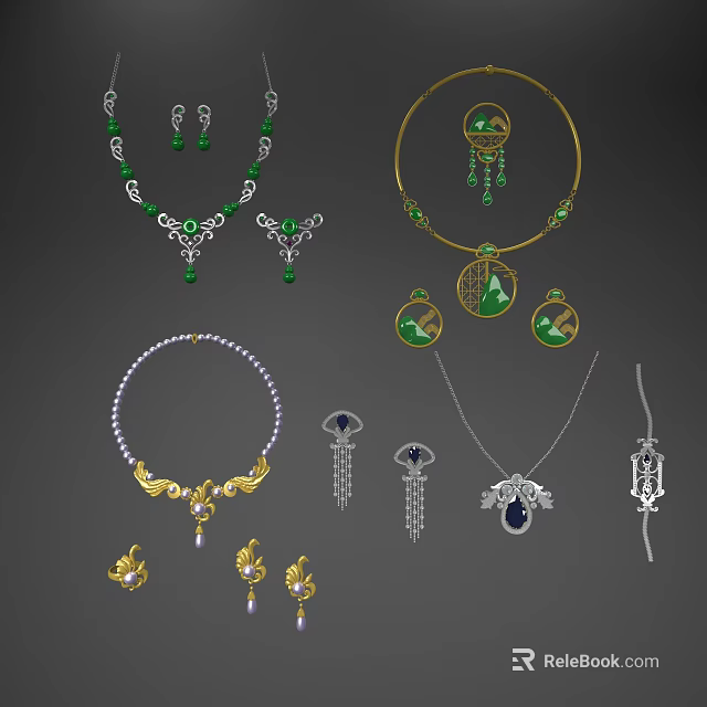 Elegant Jewelry Collection Featuring Gold Inlaid Jade Sapphire Stones Necklaces Earrings Vintage Design 3d model 