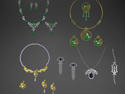 Elegant Jewelry Collection Featuring Gold Inlaid Jade Sapphire Stones Necklaces Earrings Vintage Design 3d model
