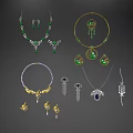 Elegant Jewelry Collection Featuring Gold Inlaid Jade Sapphire Stones Necklaces Earrings Vintage Design