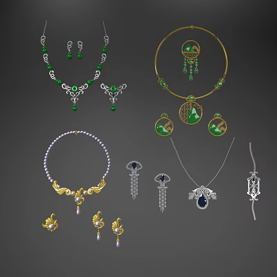 Elegant Jewelry Collection Featuring Gold Inlaid Jade Sapphire Stones Necklaces Earrings Vintage Design 3d model