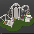 Floral Installation with White Arch Picture Frame Jewelry Box on Green Grass and Purple Flowers