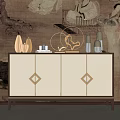 Elegant Modern Console Cabinet Sideboard With Beige Gold Diamond Pattern And Decorative Ornaments 3d model