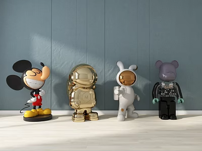 Various Stuffed Dolls with Mickey Mouse Golden Astronaut White Astronaut Gray Mouse on Wooden Floor 3d model