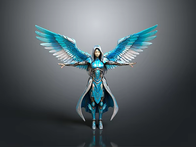 Ethereal Blue Winged Female Character In Shiny Armor With Spread Angelic Wings 3d model