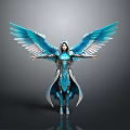 Ethereal Blue Winged Female Character In Shiny Armor With Spread Angelic Wings