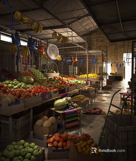 Vibrant Fruit Store Displaying Fresh Banana Bunches Watermelons Apples Melons And Various Fruits 3d model 