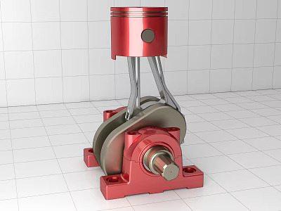 Red Industrial Piston Connecting Rod Mechanism With Metal Assembly And Base Structure 3d model