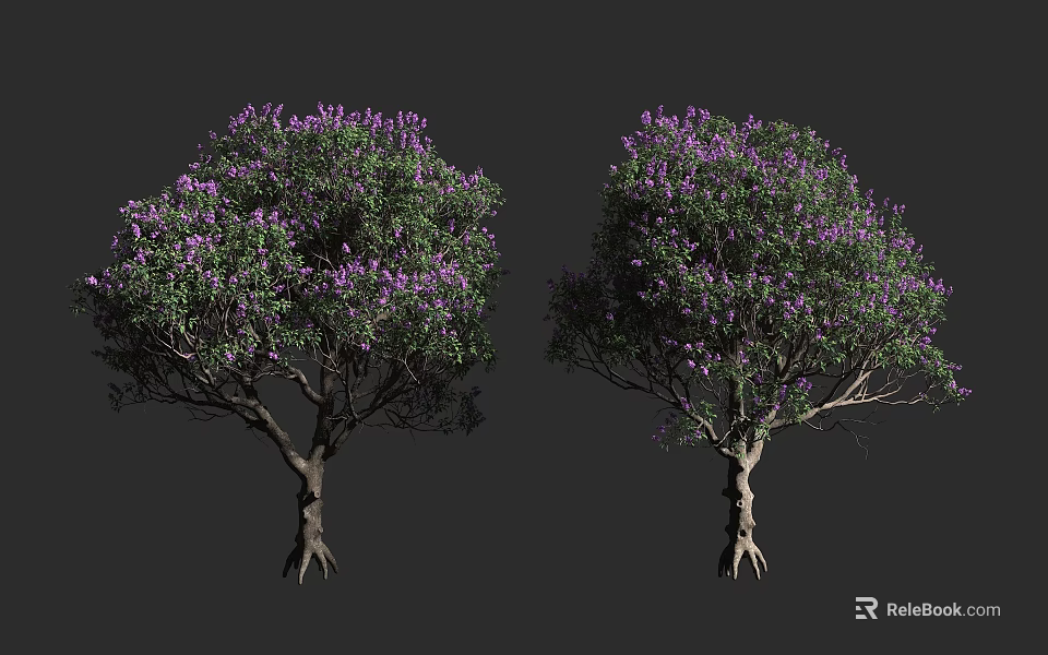 Two Trees with Purple Flowers and Green Leaves on Neutral Gray Background 3d model 