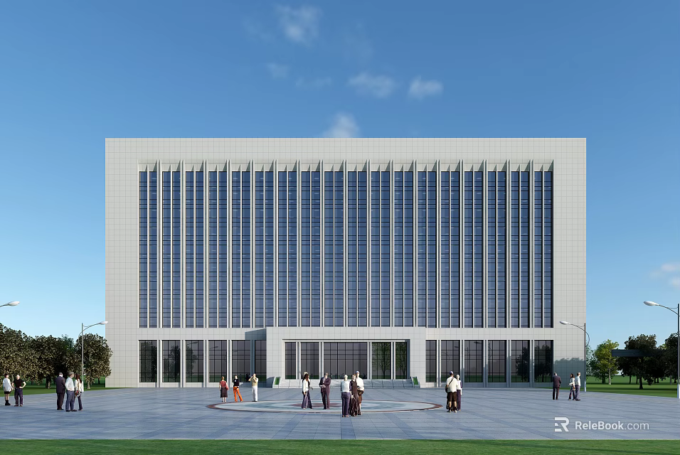 Modern Office Building Exterior With Large Glass Windows Front Plaza People Gathering And Blue Sky Background 3d model 