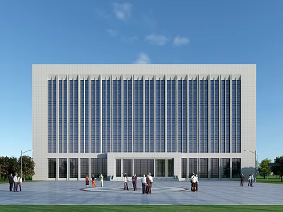 Modern Office Building Exterior With Large Glass Windows Front Plaza People Gathering And Blue Sky Background 3d model