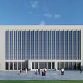 Modern Office Building Exterior With Large Glass Windows Front Plaza People Gathering And Blue Sky Background
