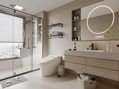 Modern Bathroom With Glass Shower City View Large Window White Toilet Vanity Mirror And Shelves 3d model