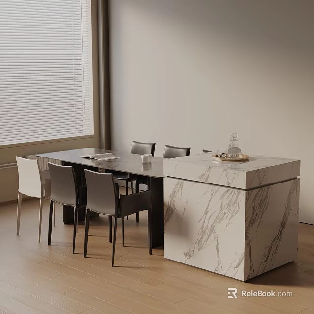Modern Dining Table And Chairs With Marble Counter Window Blinds And Wooden Floor 3d model 