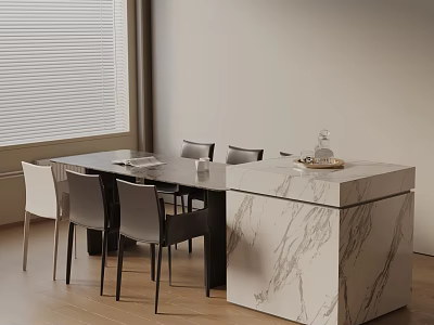 Modern Dining Table And Chairs With Marble Counter Window Blinds And Wooden Floor 3d model