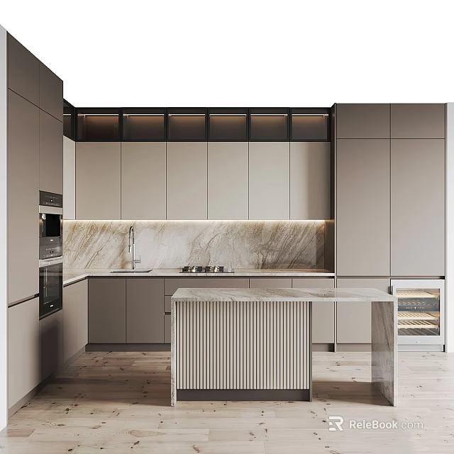Modern Kitchen Interior With Marble Countertop Island Gray Cabinets And Built-in Appliances 3d model 