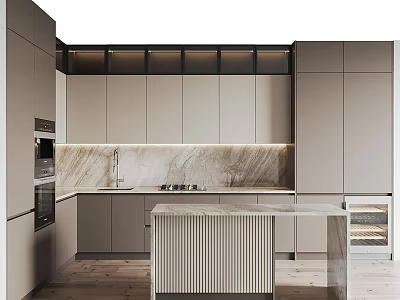 Modern Kitchen Interior With Marble Countertop Island Gray Cabinets And Built-in Appliances 3d model