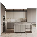 Modern Kitchen Interior With Marble Countertop Island Gray Cabinets And Built-in Appliances