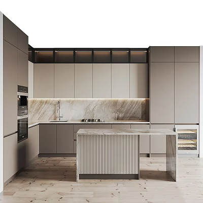 Modern Kitchen Interior With Marble Countertop Island Gray Cabinets And Built-in Appliances 3d model