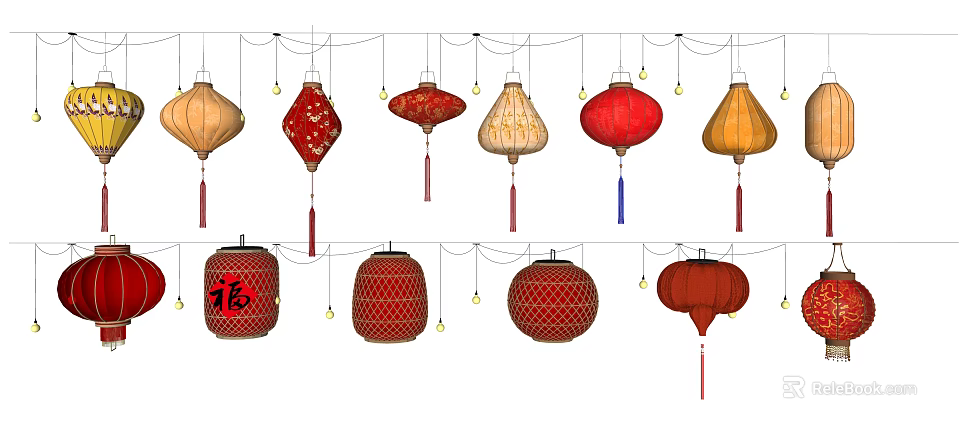 Traditional Colorful Chinese Lanterns With Various Designs Tassels And Small Lights 3d model 